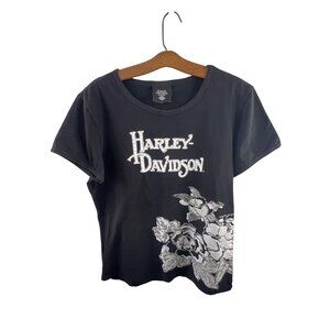 Harley-Davidson Museum Tshirt Size XL Black Rhinestone Floral Graphic Tee Shirt